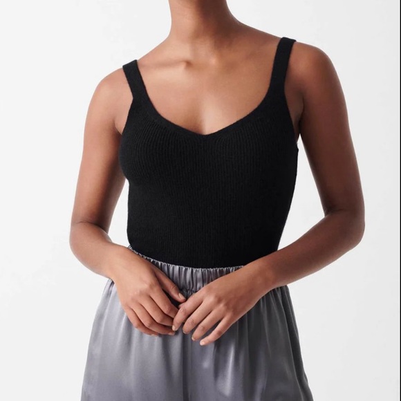 White + Warren Black Ribbed V Neck Cashmere Tank - Picture 1 of 6